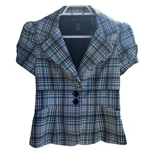 Seductions Womens S Y2K Vintage Blue White Plaid Form Fitting Button Blouse Top